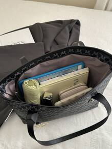 欧美跨境个性大容量字母简约印花托特包新款女士菱格通勤单肩包 - 黑色 - 查看 11