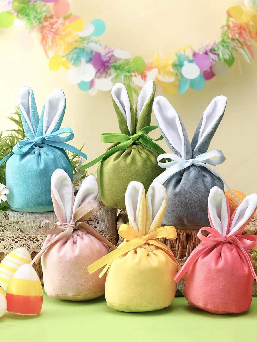 2/6 Túi quà hình thỏ Phục sinh có dây rút - Túi đựng quà tai thỏ bằng nhung dễ thương, nhiều màu sắc, dùng cho tiệc cưới, sinh nhật, tiệc Phục sinh mùa xuân và giỏ quà - Nhiều màu - Xem 1
