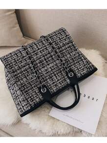 Bolso de mujer personalizable con bordado de nombre, estilo coreano popular - Bolso de cubo con cadena a contraste de cuadros sencillo, bolso de hombro y bolso cruzado para señoras