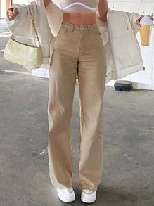 Simple Casual Basic Versatile Women's Mid-Waist Pocket Straight Jeans