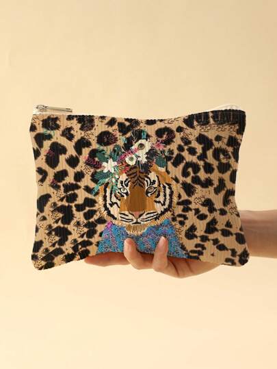 Animal Pattern Printed Corduroy Makeup Bag - Lightweight Zipper Lined Makeup Bag With Multi Functional Makeup Organizing Bag, Suitable For Toiletries And Accessories, Suitable For Girls And Women's Cosmetics And Travel Necessities Zipper Makeup Bag, Perfectly Matching With Prom Dresses For Women, Prom Accessories,Sequin Dress Women,Sparkly Dress,Elegant Dresses For Women, Elegant Prom Bag, Animal Print Women Bag