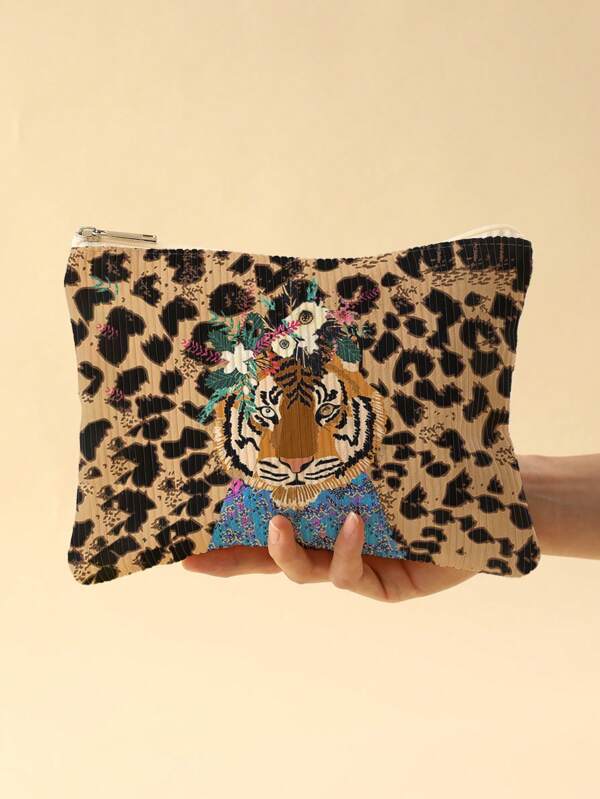 Animal Pattern Printed Corduroy Makeup Bag - Lightweight Zipper Lined Makeup Bag With Multi Functional Makeup Organizing Bag, Suitable For Toiletries And Accessories, Suitable For Girls And Women's Cosmetics And Travel Necessities Zipper Makeup Bag, Perfectly Matching With Prom Dresses For Women, Prom Accessories,Sequin Dress Women,Sparkly Dress,Elegant Dresses For Women, Elegant Prom Bag, Animal Print Women Bag