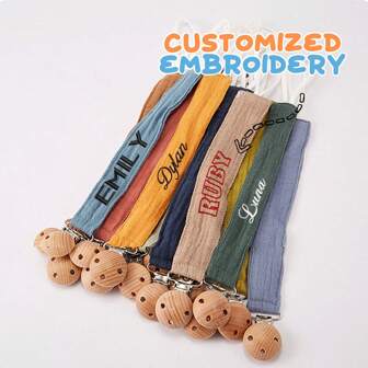 1pc Personalized Embroidered Pacifier Clip, Custom Embroidered Soft Fabric Pacifier Clip Chain, Wooden Pacifier Clip Chain With Teething Strap, Gift For Friends/Comfort Gift/Wooden Chain Gift/Holiday Gift/Birthday Gift/New Year Gift, Dawg, Engraved, Y2K, Stylish, Unisex, Casual, Custom, Personalized, Unique, Customized, Ideal Gifts For Him, Ideal Gifts For Her, Her, Boyfriend, Girlfriend, Family, Friends, Children, For Anniversaries, For Birthdays, For Graduation, For Housewarming, For Weddings, Bag Charms