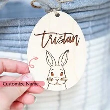 个性化定制名字兔子复活节快乐派对寻蛋游戏派对篮子桶袋木制名牌装饰家庭朋友邻居儿子女儿礼物标志 - 彩色 - 查看 5