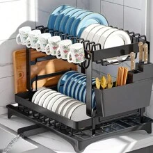 2 Tier Dish Rack Plate Cup Drying Drainer Storage Drip Tray Cutlery Holder Black