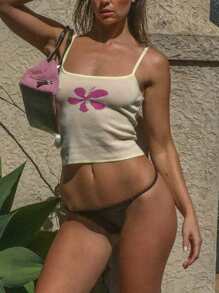 Women's Summer Slim Fit Vest Sleeveless Open Back Flower Print Knit Crop Tank Tops - Yellow - View 5