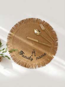 15-Inch Handwoven Straw Round Placemats With Tassel Fringe, Customizable Embroidery Design For Name And Blessing, Suitable For Family Dining, Weddings, Holidays, Parties, Washable And Heat-Insulating, Anti-Slip Table Mat