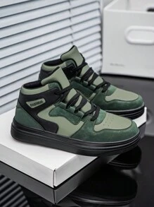 男士高帮橄榄绿皮革拼接厚底撞色复古休闲系带高帮运动鞋，百搭日常轻便舒适户外运动鞋 - 綠色 - 查看 3