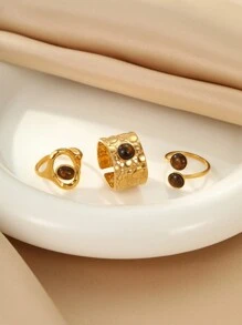 3 件/套女士不锈钢别致金色和棕色宝石戒指，适合日常配饰或礼物 - 金黃色 - 查看 2