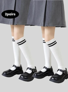 2 Pairs Kids Socks With Stripe Pattern, Seamless Long Tube Design, Suitable For 3-12 Years Old Boys & Girls, Great For Daily Wear And School Use