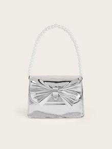 1 szt. Mini torebka z kokardą w kolorze złotym i srebrnym, perłowa, uniwersalna dziewczęca torebka typu crossbody/wieczorowa