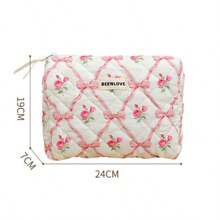 1 件可爱蝴蝶结绗缝化妆包，时尚便携女士拉链化妆包，多功能旅行化妆品收纳包，大容量、可爱设计化妆包，适合旅行、日常使用、居家、美容收纳