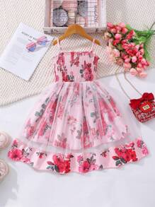 年轻女孩休闲可爱花卉印花吊带网眼覆盖连衣裙，春夏