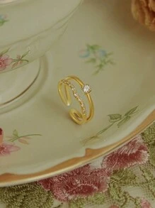 1 szt. Luksusowy regulowany pierścionek z cyrkonii sześciennej w kolorze złotym, 2-warstwowy, z elementem dekoracyjnym