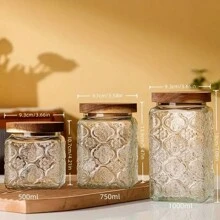 3 Piece Nordic Style Vintage Glass Storage Jar Set, Begonia-Pattern And Sunflower, Versatile Square Clamshell, Reusable, Safe To Transport, Suitable For Kitchen And Home Snacks And Grain Tea, Coffee Beans, Sugar, Confectionery, Biscuits, Spices - Trong sáng - Xem 2