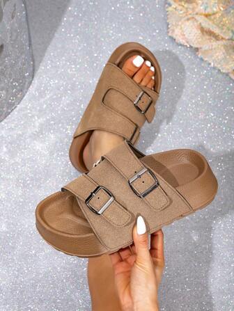 女士厚底坡跟凉鞋，户外休闲百搭经典带扣厚底凉鞋