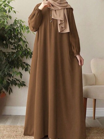 纯色朴素长款主教袖束腰连衣裙（无围巾）