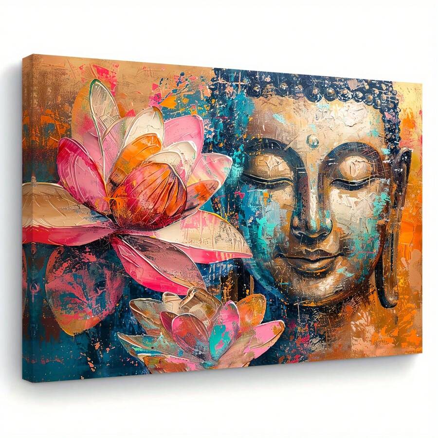 A Wood Frame Canvas Painting, Buddha Wall Art Color Zen Lotus Flower, Wall Art Deco Print Poster- 1 Piece Of Wood Framed Oil Painting (3) Thickness 2.5 Cm/ 1 Inch- Home Decoration For All Occasions - Ideal New Year, Valentine's Day, Thanksgiving, Easter, Christmas Gift , Room Decoration Aesthetic, Wall Decoration Art, Perfect Gift, Autumn And Winter Wall Decoration, Living Room Decoration, Bedroom Decoration, Kitchen Decoration, Entry Decoration, Bathroom Decoration, Direct Wall Painting, High Quality Wall Painting Poster - Multicolor - View 1