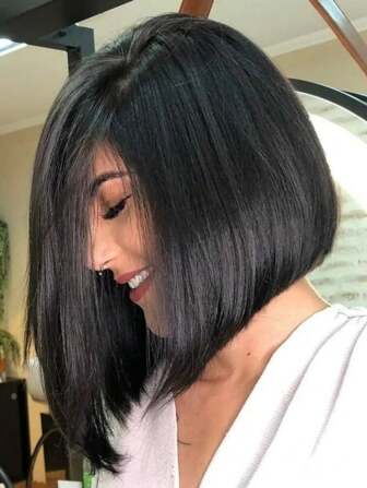 Short Black Bobbed Wig, Side Part Wig, Bowl Cut Wig, Natural Looking Black Synthetic Wig, Suitable For Women's Daily Wear (Black)