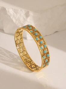 1 pièce Bracelet en acier inoxydable plaqué or vintage rétro style bleu marine goutte d'huile creux fleur, ton 18K, chic, convient pour le port quotidien des femmes, les fêtes ou en cadeau pour les vacances, les mariages