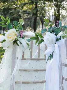 1pc/2pc/5pcs White/Yellow Rose Flower Decor Ribbon, Elegant Rose Floral With Greenery And Ribbon, Suitable For Wedding Aisle Decor, Wedding Reception Table & Chair Decor, Wedding Guest Chair Back Flowers, Birthday Party Decor, Wedding Photography Props