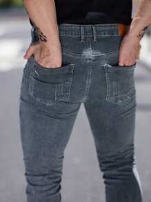 Slim Fit Stretch Distressed Cat Whisker Hem Jeans, Washed Denim Pants For Men - Grey - View 7