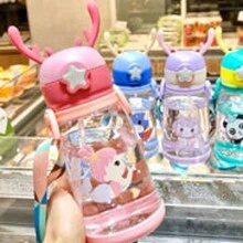 Cute Cartoon Kids Straw Cup Portable Baby Water Bottle Sealed Plastic Leakproof Small - 粉色 - 查看 2