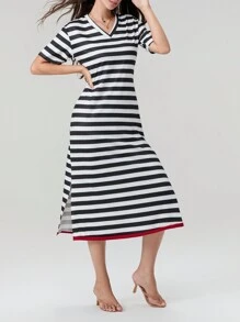 Women's T-Shirt Dress Loose Fitting V Neck Short Sleeve Side Split Striped Long Dress For Summer - Black - View 6