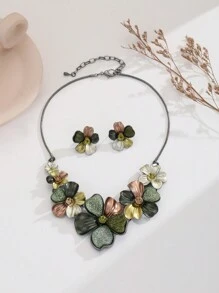 Chunky Statement Jewelry Set Vintage Retro Green Flower Floral Leaf Aesthetic Bohemian Boho Bib Necklace Earring Set Fashion Costume Jewelry For Women Girls Wedding Party Prom Unique GiftBand Box Christmas Thanksgiving - 橄欖綠 - 查看 4