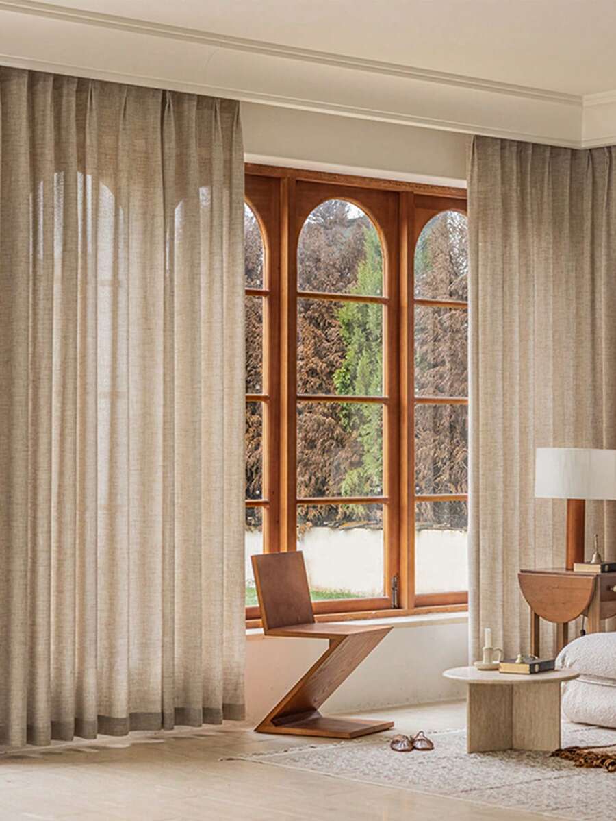 2 件日式休闲简约加厚亚麻薄纱窗帘，半透明但不透视，适用于客厅、卧室、阳台、日常家居装饰