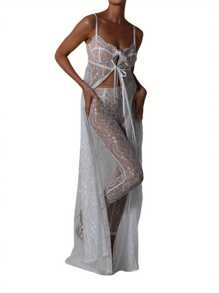 Women's See Through Mesh Sheer Lace Patchwork Maxi Dress Ruffle Backless Bikini Cover--Ups Dress - White - View 2