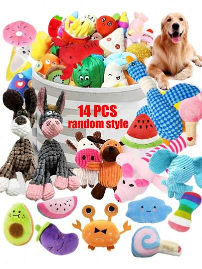 Set de 2/4/6/14 juguetes de perro de dibujos animados, adecuados para razas de perros pequeños - juego de mascotas interactivo y crujiente, para mascotas que les gusta masticar y tirar del juguete con campana