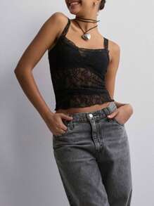 Women Y2K Camisoles Lace See-Through Casual Tank Tops Summer Sleeveless Tops Streetwear - 黑色 - 查看 5
