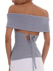 Women's Twisted One Shoulder Knit Top Strapless Long Sleeve Shirt Basic Out Top - 藍色 - 查看 3