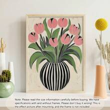 1pc Art Deco Bloemen Olieverfschilderij Op Canvas Gestreepte Vaas Ontwerp Van Tulpen, Houten Omlijste Muurkunst Decoratie Voor Thuis Kantoor Woonkamer Slaapkamer Herfst En Winter Thema, Interieur Portret Kunstdruk -Botanisch-Modern,Poster