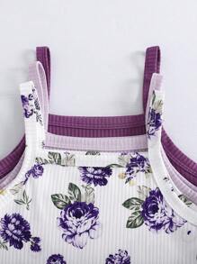 3pcs Girls Floral Print & Solid Ribbed Camisole Top Set, Comfortable
