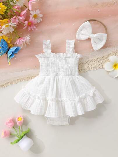 2 件套，幼儿女童休闲、优雅、甜美、可爱无袖纯色褶皱荷叶边下摆连衣裙和蝴蝶结头带套装，柔软、透气，适合日常穿着、度假、派对、摄影