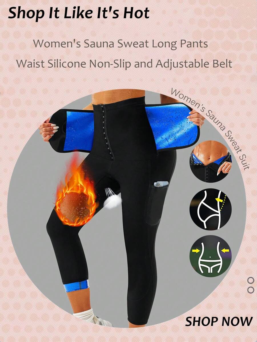 女士桑拿汗蒸长裤，适合成人脂肪锻炼减肥瘦身塑身腰部训练压缩运动紧身裤，具有独特口袋设计和腰部三排扣，可调节腰带女士户外跑步桑拿汗蒸服