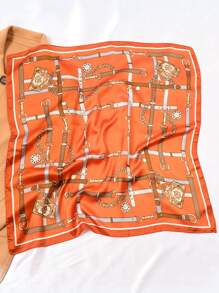 1 pièce Foulard carré en faux soie orange 70*70cm avec imprimé chaîne mode, nouveau foulard/bandeau/décoration de ceinture en style soie pour femmes, foulard professionnel pour robe - imprimé orange - Voir 3