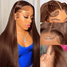 HJ WEAVE BEAUTY Perruques marron chocolat 13x4 Lace Front Wig, cheveux humains naturels, perruques brésiliennes lisses pour femmes, pré-épilées, aspect naturel avec cheveux de bébé, densité 180