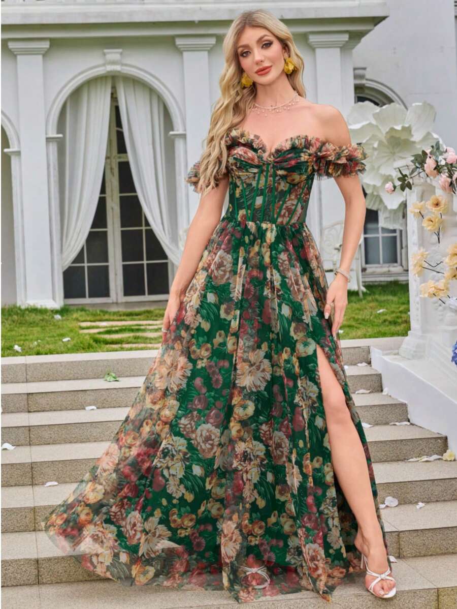 Kexmon 優雅浪漫手工花卉裝飾露肩網紗碎花開衩洋裝，重工女款晚禮服，適用於盛會、婚禮、派對