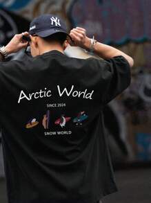 男士夏季企鹅冲浪字母印花图案圆领短袖休闲T恤 - 黑色 - 查看 2