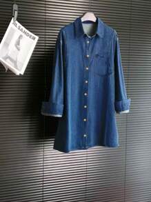 Damen Lässig Elegant Allround-Einsetzbar Einfarbig Jeans-Optik Hemdkragen Ärmellos Gürtelkleid mit langem Ärmel