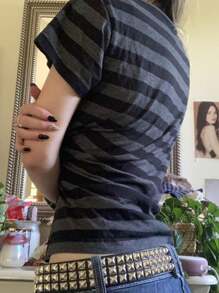 Women Vintage Emo Shirt Fairy Grunge Striped Crewneck Short Sleeve T-Shirt Harajuku Casual Tops Graphic Tees Y2k Summer Clothes Aesthetic Streetwear 2000s - 霧霾藍 - 查看 3