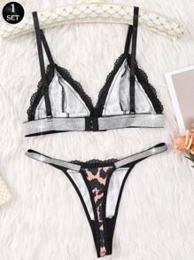 1 conjunto de lencería sexy con encaje de estampado de leopardo para mujer, conjunto de sujetador y bragas para mujer