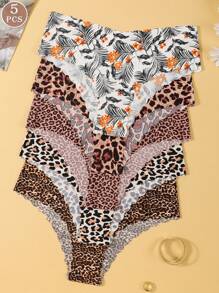 Set de 5 bragas de bikini de corte bajo y sin costuras con estampado de leopardo sexy para mujeres, cómodo y transpirable para ejercicio y deportes