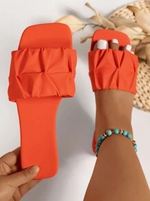 Women's Summer New Fashion Versatile Open Toe Strap Ruched Orange Sandals, Flat Comfortable Lightweight Non-Slip, Outdoor Beach Vacation Stylish Sandals