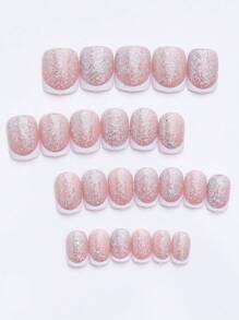 Valentines Nails 24Pcs Short Square Shape Press On Nails In White Glitter French Tip Sparkling Nail Art Design Simple And Luxury Style For Daily Use Fake Nails Kit Nail Supplies Nails