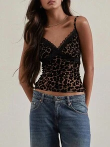 Áo hai dây cổ chữ V viền ren họa tiết da báo đơn giản, dễ phối đồ dành cho nữ, thích hợp cho các buổi đi chơi, hẹn hò, tiệc Halloween và mặc nhà thoải mái mùa hè. - màu nâu - Xem 4