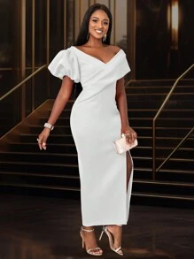 Sexy Women V-Neck Front Slit Cocktail Graduation Dress, For Birthday, Wedding Guest, Graduation, Dinner, Homecoming New Year Eve,Valentine's Day - White - View 4
